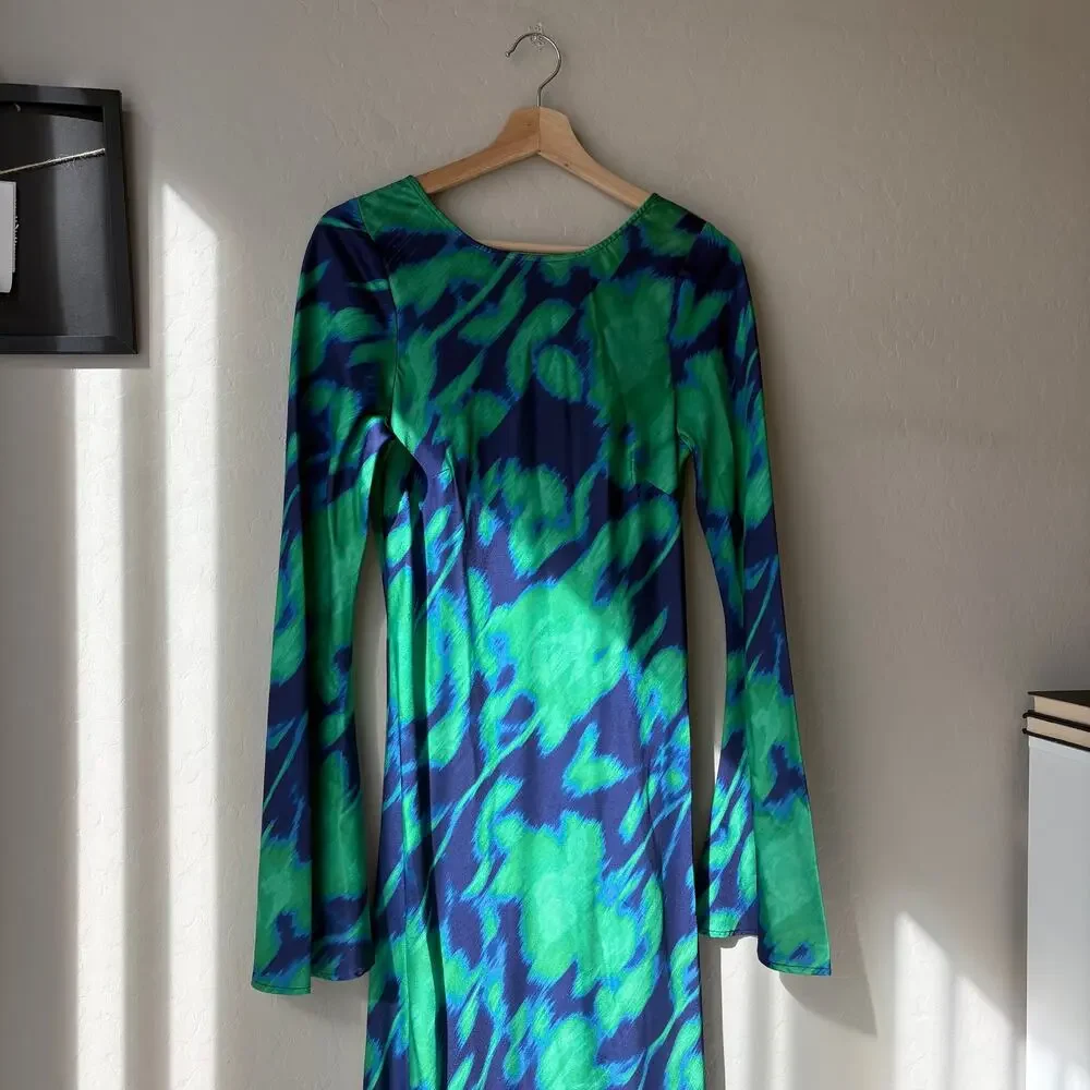 The Wolf Gang Dress Calypso Green Blue Abstract Long Sleeve Maxi Dress Size M - Picture 3 of 12